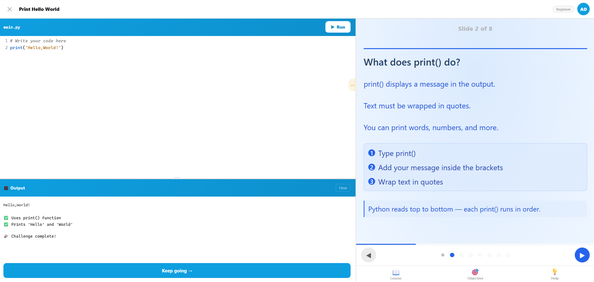 Lesson workspace showing code editor, output panel, and lesson slide