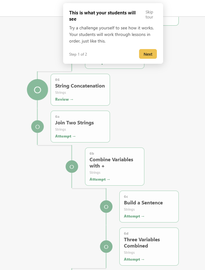 Student challenge pathway showing structured lessons and challenges in sequence